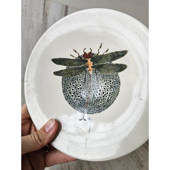 Signed dragonfly plate pedestal AS IS insect unique vintage - Picture 3 of 9